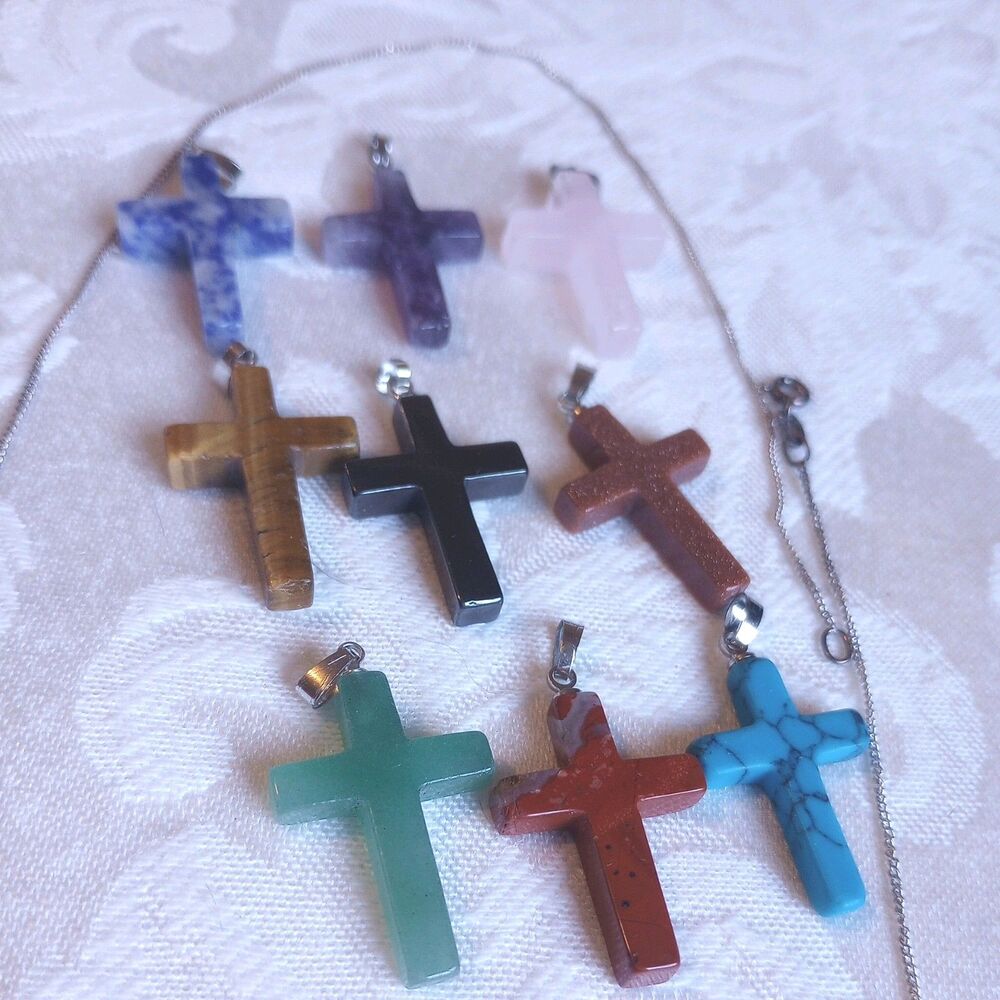Lot of 9 Crosses Natural Gemstone stone Pendants w 920 silver 18in chain